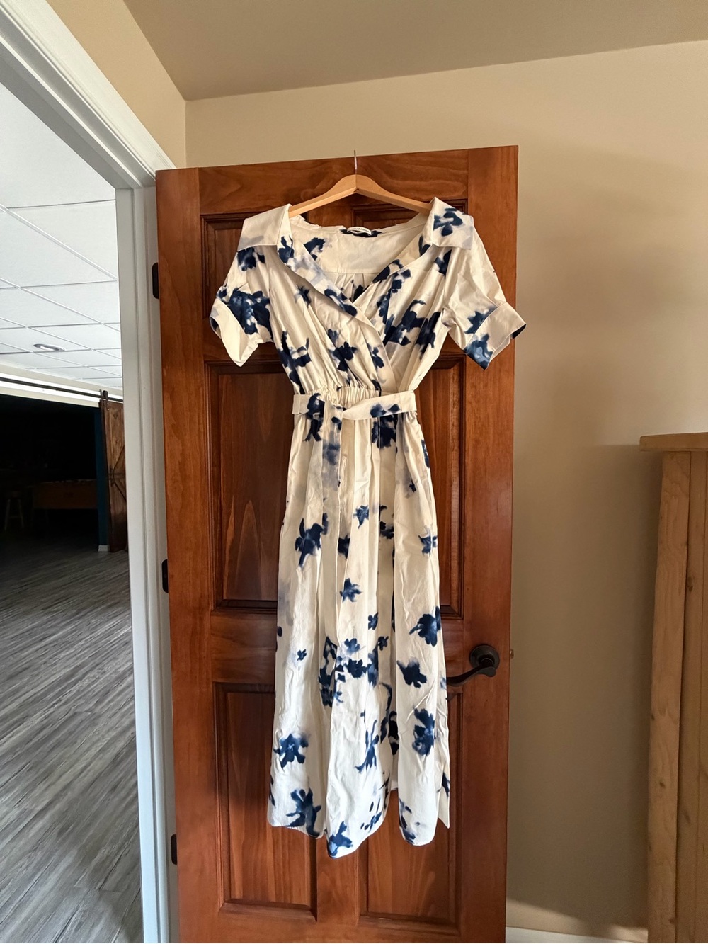 Altuzarra Cream Midi Wrap Dress with Blue Floral Print